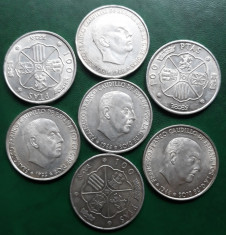 Lot de sapte monede argint / Spania - 100 PTAS 1966 / Generalul Franco foto