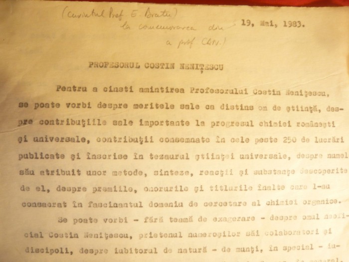 Discursul Prof. E.Bratu mai 1983 -Comemorarea Prof. Costin Nenitescu , 5 pag