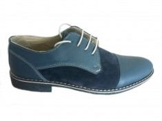 Pantofi barbati casual-eleganti albastri cu siret piele naturala box cu velur PHILIPPE31 foto