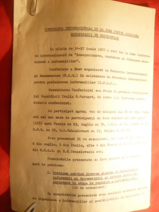 Raport la Conferinta Internationala Roma 1967 pt.aplicarea mecanizarii in Docume