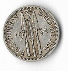Moneda 3 pence 1934 - Southern Rhodesia, 1,41 g argint 0,925 foto