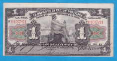 (1) BANCNOTA BOLIVIA - 1 BOLIVIANO 1911 (11 MAI 1911) foto