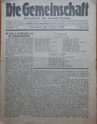 Die Gemeinschaft , Comunitatea, revista pentru cultură socială , Cernauti , 1929 foto