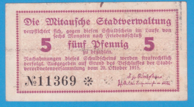 (1) NOTGELD GERMAN - MITAU (ASTAZI JELGAVA DIN LETONIA) - 5 PFENNIG 1915, RAR foto