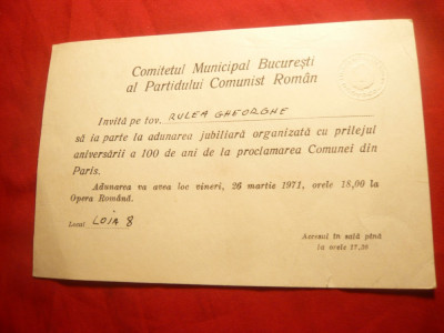 Invitatie a Comitetului Municipal Bucuresti PCR 1971 foto