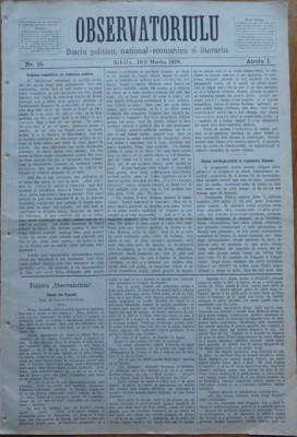 Ziarul Observatorul ; Politic , national si literar , an 1 ,nr. 15 , Sibiu ,1878 foto