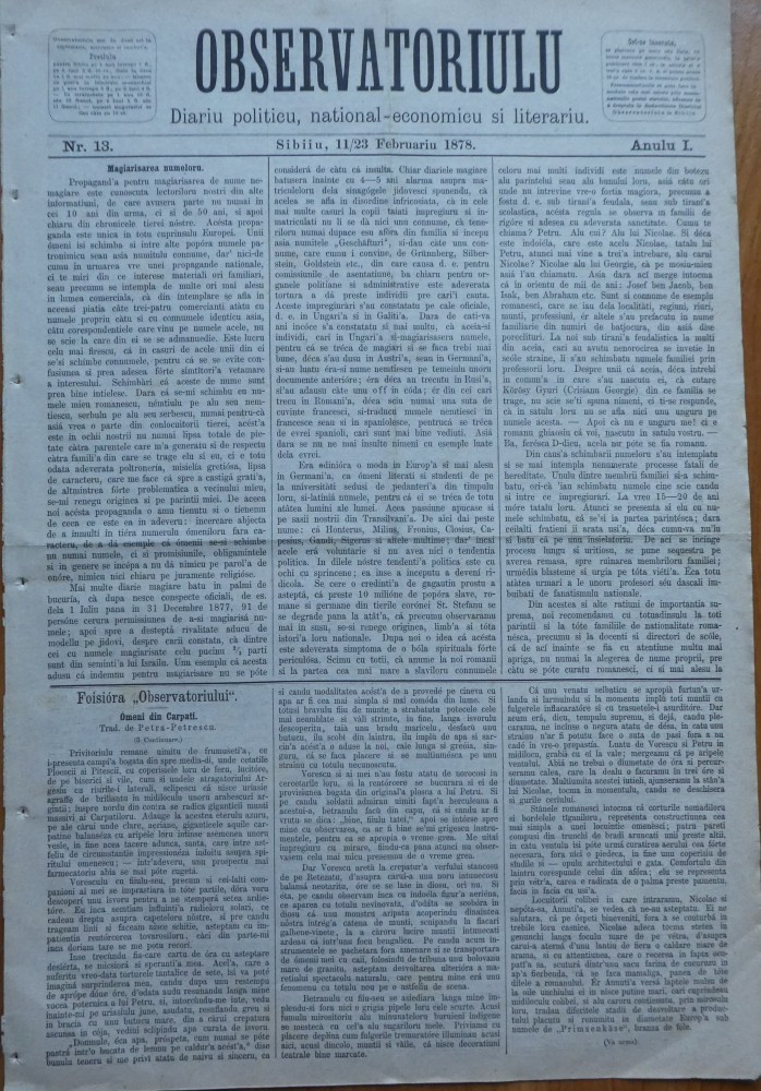 Ziarul Observatorul ; Politic , national si literar , an 1 ,nr. 13 , Sibiu  ,1878 | Okazii.ro
