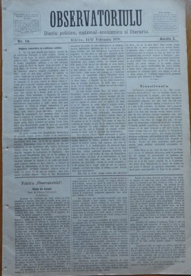 Ziarul Observatorul ; Politic , national si literar , an 1 ,nr. 14 , Sibiu ,1878 foto