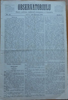 Ziarul Observatorul ; Politic , national si literar , an 1 ,nr. 12 , Sibiu ,1878 foto