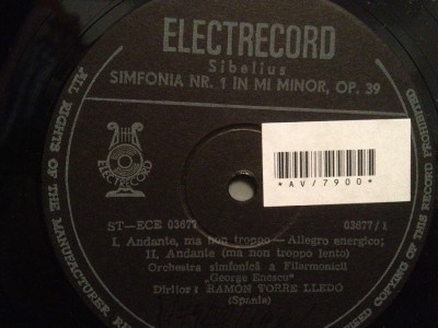SIBELIUS - SIMFONIA nr 1 - dir. R. TORRE LLEDO(ECE 03677/ELECTRECORD)- VINIL/RAR foto