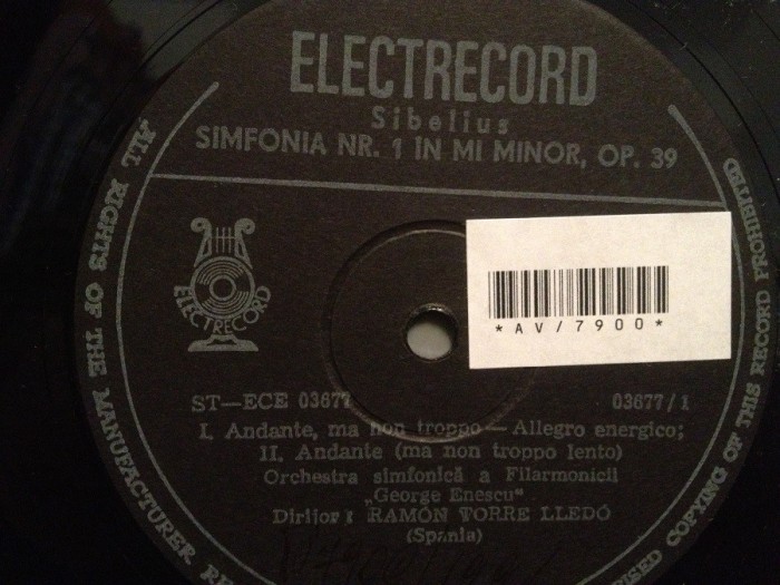 SIBELIUS - SIMFONIA nr 1 - dir. R. TORRE LLEDO(ECE 03677/ELECTRECORD)- VINIL/RAR