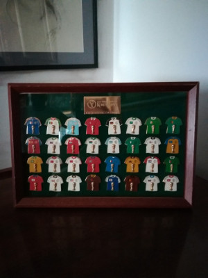 32 de insigne de la Campionatul Mondial de Fotbal Korea-Japan 2002, in caseta foto