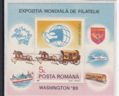 ROMANIA 1989 LP 1230 EXPOZITIA MONDIALA DE FILATELIE WASHINTON 89 COLITA MNH foto