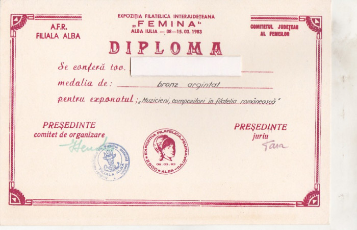 bnk fil Diploma Expofil Femina Alba Iulia 1983