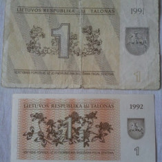 Lituania 1 talon 1991,circulata (2 lei)+1 talon 1992,necirculată (3 lei) = 5 lei