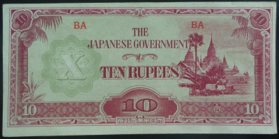 Bancnota OCUPATIE JAPONEZA IN BURMA - 10 RUPII, anul 1944 *cod 727 - A.UNC foto