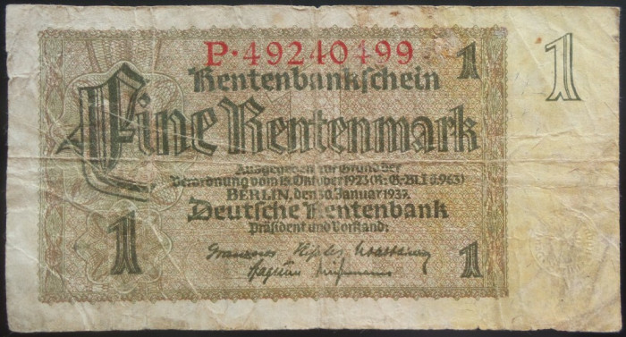 Bancnota 1 RENTENMARK - GERMANIA NAZISTA, anul 1937 *cod 605
