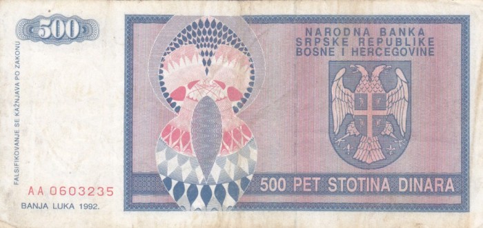 BOSNIA-HERTEGOVINA 500 dinara 1992 BANJA LUKA VF!!! foto mare BOSNIA-HERTEGOVINA 500 dinara 1992 BANJA LUKA VF!!! foto mare
