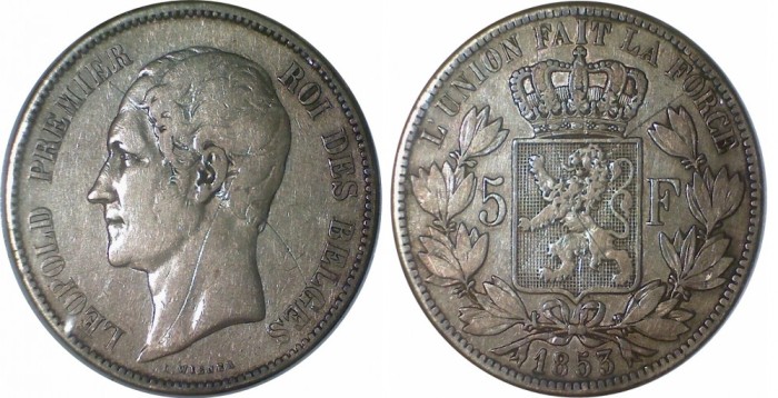 Belgia - 5 francs 1853 Argint 25 Grame foto mare Belgia - 5 francs 1853 Argint 25 Grame foto mare