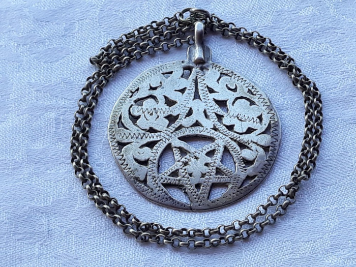 MEDALION argint TUNISIA etnic TRIBAL masiv Simbol FERTILITATE +Lant argint MASIV