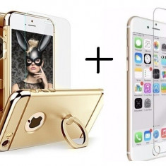 Pachet husa Elegance Luxury 3in1 Ring Gold Apple iPhone 6/6S + folie sticla