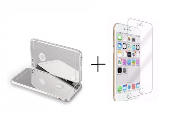 Pachet husa tip oglinda Silver Apple Iphone 6 / 6S + folie de sticla gratis