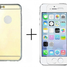 Pachet husa Tip Oglinda Gold Apple Iphone 5/5S/5SE + folie sticla gratis