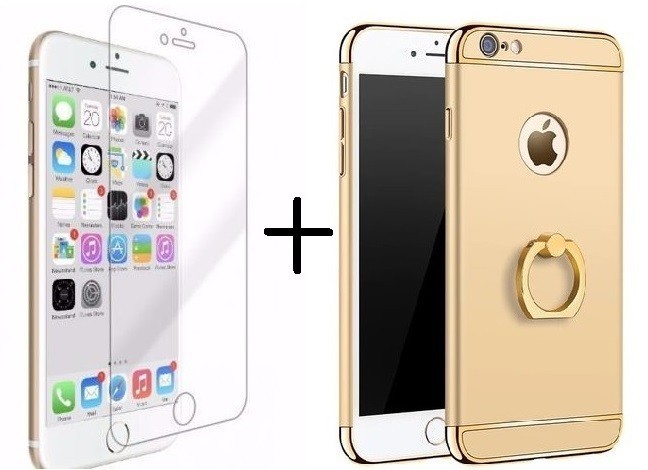 Pachet husa Elegance Luxury Gold 3in1 Ultrasubtire cu inel pentru Apple iPhone 7 Plus cu folie de protectie gratis