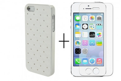 Pachet husa Silver diamante pe spate Apple iPhone 5/5S/SE + folie sticla gratis foto