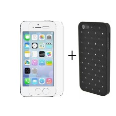 Pachet husa Black cu diamante pe spate Apple iPhone 5/5S/SE + folie sticla