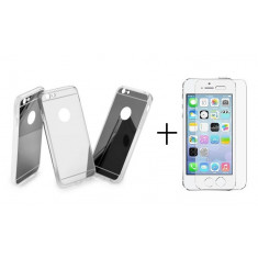 Pachet husa Tip Oglinda Silver Apple Iphone 5/5S/5SE + folie de sticla gratis