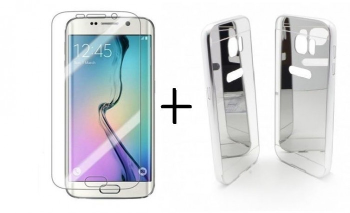 Pachet husa Samsung Galasy S6 Egde TIP OGLINDA ( SILVER ) + folie protectie