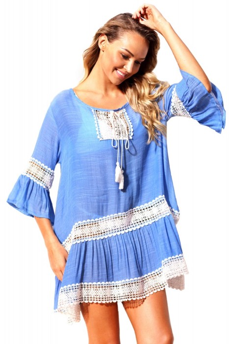Q655-22 Rochie scurta de plaja, stil caftan, accesorizata cu broderie Q655-22 Rochie scurta de plaja, stil caftan, accesorizata cu broderie