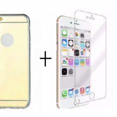 Pachet husa Tip Oglinda Gold Apple iPhone 6/6S cu folie de sticla gratis
