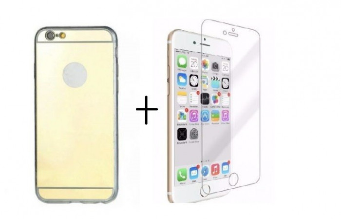 Pachet husa Tip Oglinda Gold Apple iPhone 6/6S cu folie de sticla gratis