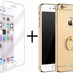 Pachet husa Gold 3in1 Ultrasubtire cu inel Apple iPhone 7 + folie protectie
