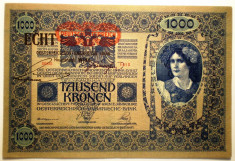 193 AUSTRIA UNGARIA 1000 KRONEN KORONA 1902/1919 OVERPRINT ECHT SR. 159 VF foto