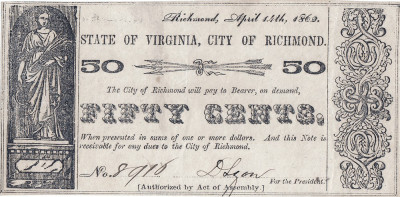 1862 (14 IV), 50 cents (JL TR06-10) - Richmond, Virginia foto