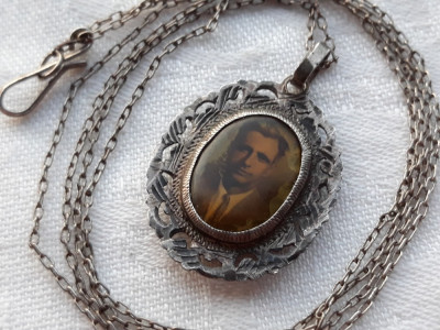 argint MEDALION cu LOC 2 FOTOGRAFII unic 1850 BIEDERMEIER AUSTRIA pe Lant argint foto