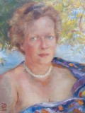 PORTRET DOAMNA CU OCHII ALBASTRI - ULEI PE PANZA - SEMNAT MONOGRAM STANGA JOS