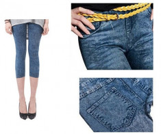 Pantaloni Colanti Tip Blugi Leggings 3 Sferturi pentru Dama, Marime S-M, Culoare Albastru foto