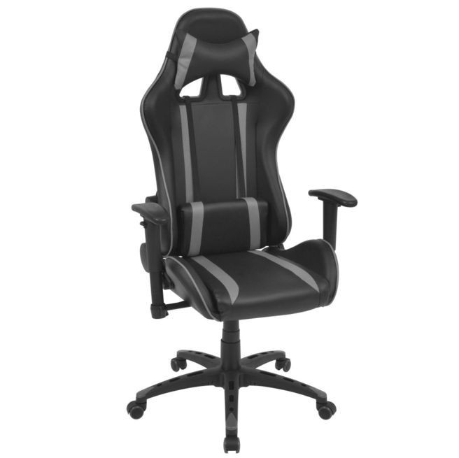 Scaun birou rabatabil cu design racing, piele artificială, gri foto mare Scaun birou rabatabil cu design racing, piele artificială, gri foto mare