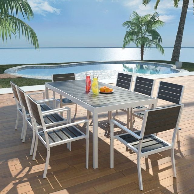 Mobilier de exterior 9 piese, 185x90x74 cm aluminiu WPC, negru foto mare Mobilier de exterior 9 piese, 185x90x74 cm aluminiu WPC, negru foto mare