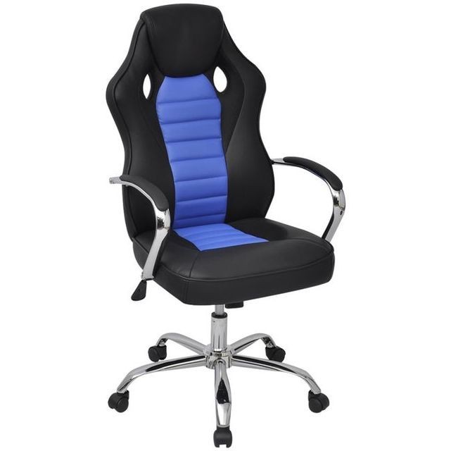 Scaun de birou design racing din piele artificială, Albastru foto mare Scaun de birou design racing din piele artificială, Albastru foto mare