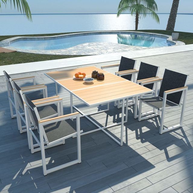 Set mobilier exterior 7 piese 165x100x72 cm, aluminiu WPC, maro foto mare Set mobilier exterior 7 piese 165x100x72 cm, aluminiu WPC, maro foto mare