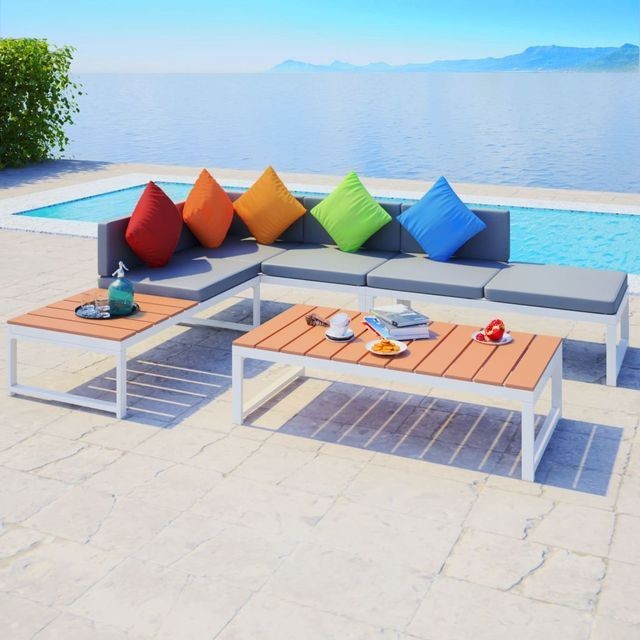 Mobilier de grădină cu canapea de colț, 19 piese, aluminiu WPC foto mare Mobilier de grădină cu canapea de colț, 19 piese, aluminiu WPC foto mare