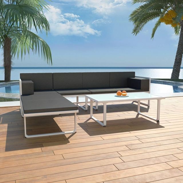Set canapea grădină, 13 piese, textilenă, aluminiu, negru/alb foto mare Set canapea grădină, 13 piese, textilenă, aluminiu, negru/alb foto mare
