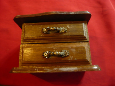 Caseta Bijuterii din lemn ,manere bronz , 2 sertare ,Dim.= 10,2x10x14,3 cm foto
