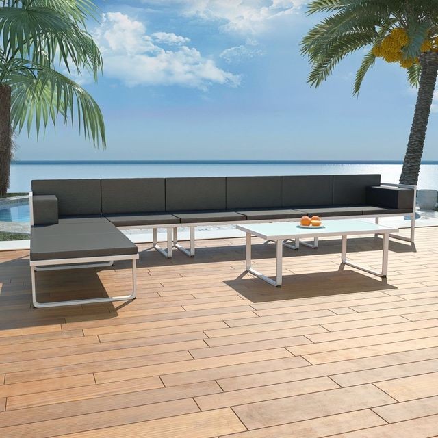 Set mobilier grădină, 17 piese, textilenă, aluminiu, negru/alb foto mare Set mobilier grădină, 17 piese, textilenă, aluminiu, negru/alb foto mare