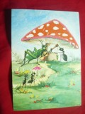 Ilustrata - Greierele si Furnica sub ciupercuta 1970 Romania